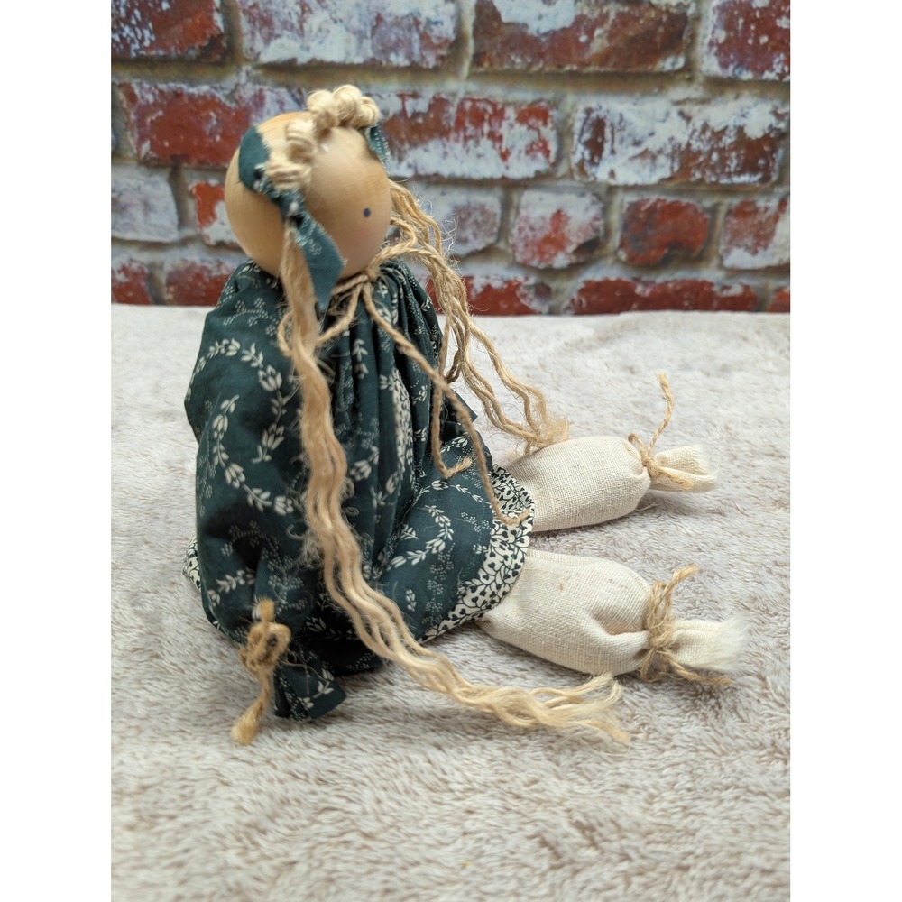 Handmade Primitive Bead Head Doll 80s Wood Block Body Shelf Sitter Green Dress - Picture 7 of 10